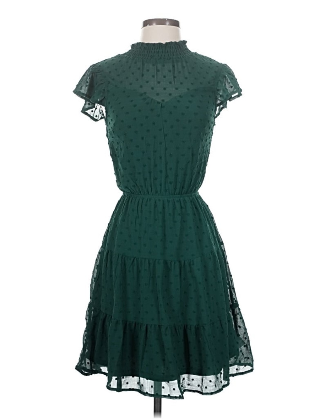 Monteau Forest Green Swiss Dot Tiered Midi Dress